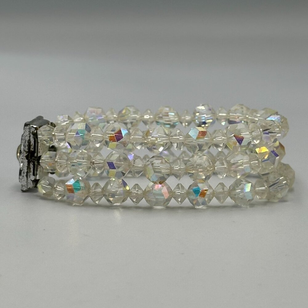 Vintage Aurora Borealis Glass Bracelet Multi Strand Clear Crystal Beads Art Deco - Picture 7 of 12